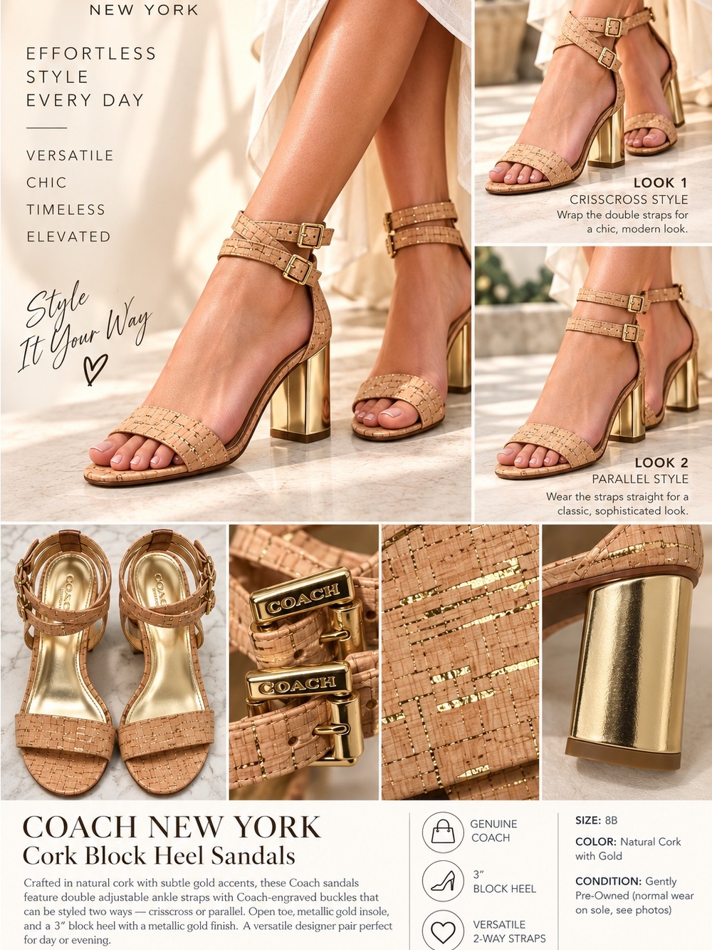 COACH Natural Cork Block Heel Sandals with Gold Accents